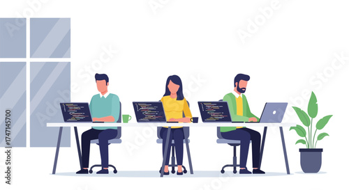 Illustration of diverse team of professionals working on laptops in modern office environment