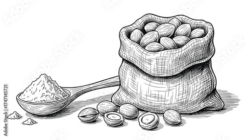 Vector art of handdrawn illustration of a burlap sack filled with nutmegs, a wooden spoon with nutmeg powder, and scattered nutmegs
