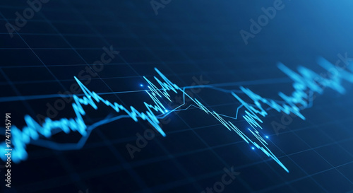 Dynamic financial market graph displaying volatile stock price fluctuations with glowing data points, perfect for investment analysis and economic trends.
