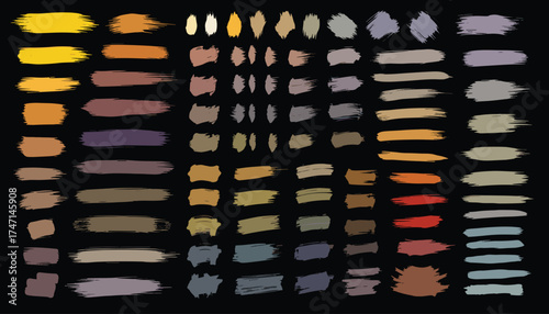 Vector art of collection of abstract brush strokes and paint smudges in various earthy and muted colors, displayed against a