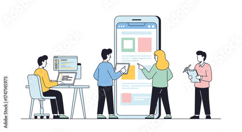 Illustration of team collaborating on mobile app development with large smartphone display