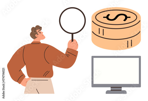Person holding magnifying glass, stack of coins with dollar sign, and computer monitor. Ideal for finance, analysis, business strategy, digital tools, economic study, investment and financial