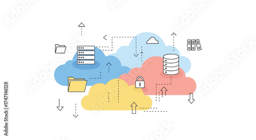 Illustration of modern cloud computing and data storage network with interconnected servers and devices