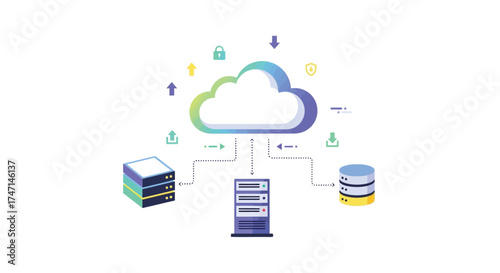 Illustration of modern cloud computing network with data servers and digital storage solutions
