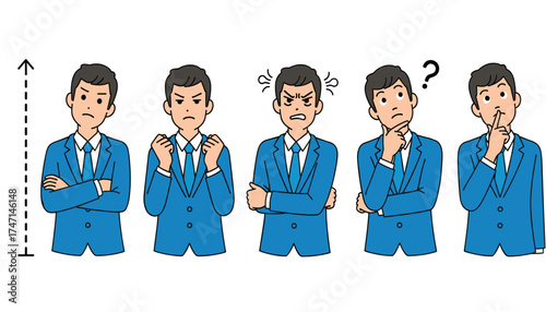 Vector art of a businessman displays a range of emotions and actions, including contemplation, anger, and thinking