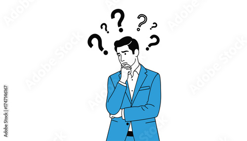 Vector art of a man in a blue suit is thinking with question marks floating around his head