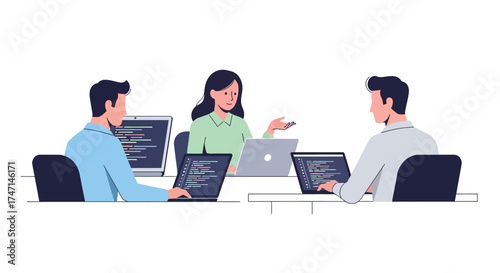 Illustration of team of software developers collaborating on coding project in modern office environment