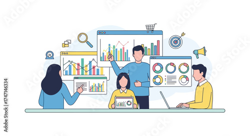 Illustration of team collaborating on data analysis and business strategy with charts and laptops