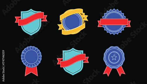Vector art of collection of six different award ribbons and badges in various shapes and colors, including shields and circular emblems, on a