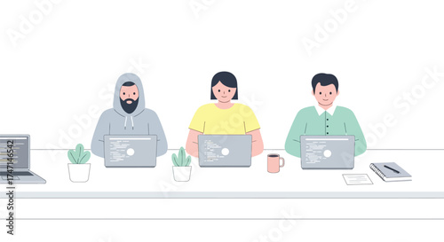 Illustration of diverse team of developers working on laptops in modern office