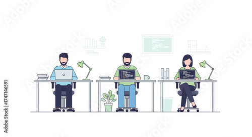 Illustration of diverse team of professionals working at desks with laptops in modern office environment