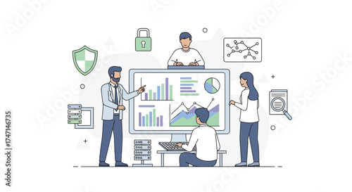 Illustration of team collaborating on data analytics and cybersecurity with charts and digital tools