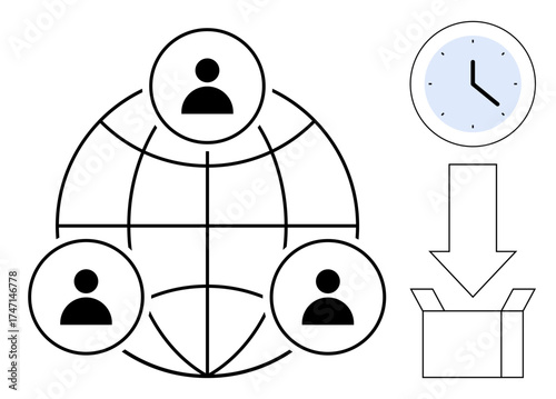 People on a network grid symbolizing global teamwork, clock for time management, arrow to open box for delivery. Ideal for collaboration, logistics, teamwork, efficiency, time, connectivity