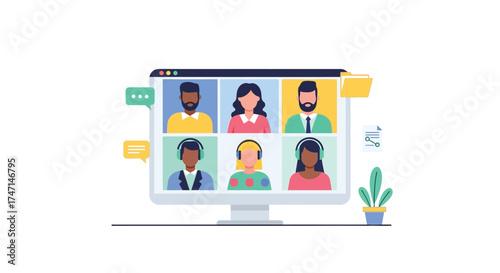 Illustration of diverse team engaging in virtual meeting on computer screen with video call interface