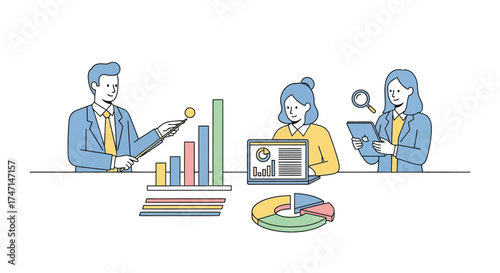Illustration of business team analyzing data with charts, laptops, and reports in office environment