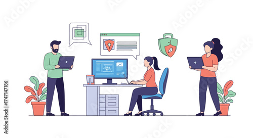 Illustration of team of it professionals working on cybersecurity and data protection in modern office setting