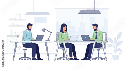 Illustration of modern office scene with three professionals working at desks in open workspace