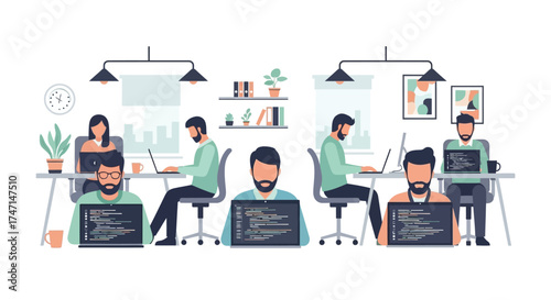 Illustration of modern office workspace with diverse team collaborating on laptops in openplan environment