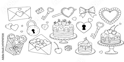 Coquette Valentines day Pink vector hand drawn stickers, icons, pictures, background, wallpaper. Love letter, lock, key, retro cakes, bow, cherry, hearts, dice. Trendy vintage line art vector set 