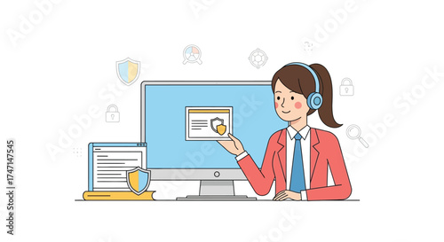 Illustration of customer support representative assisting client with online form on computer screen