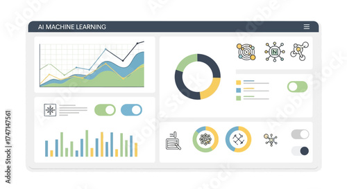 Illustration of ai machine learning analytics dashboard with graphs and data visualization