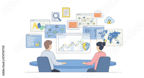 Illustration of business professionals analyzing digital data and cybersecurity metrics on global network interface