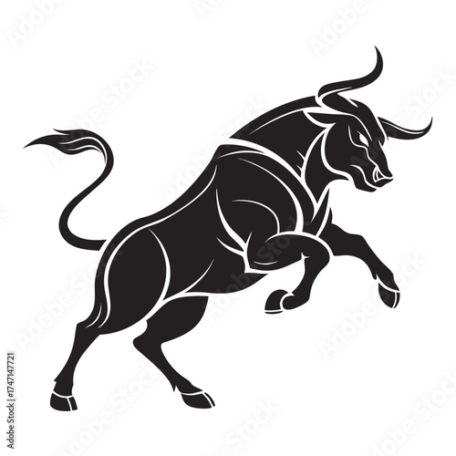 Black abstract bull charging on white background animal 1