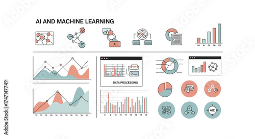 Illustration of ai and machine learning infographic with data analytics and technology icons