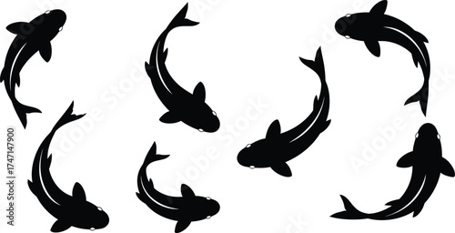 Circling Black Fish Silhouettes with White Highlights Vector Set - AI Generative
