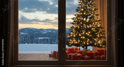 Christmas Tree by Window Overlooking Snowy Mountains