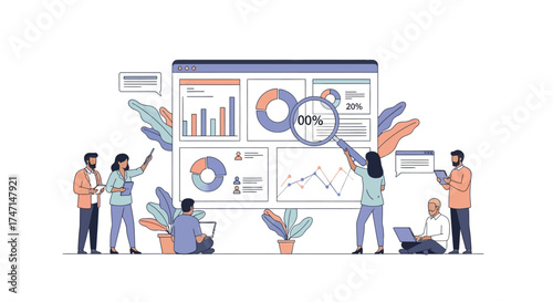Illustration of team analyzing business data and charts on large screen for project planning and strategy