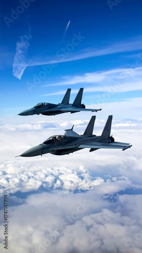 Two military jets soar above layered clouds against a vibrant blue sky