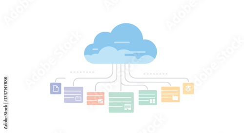 Illustration of cloud computing network with interconnected documents and data storage concept illustration