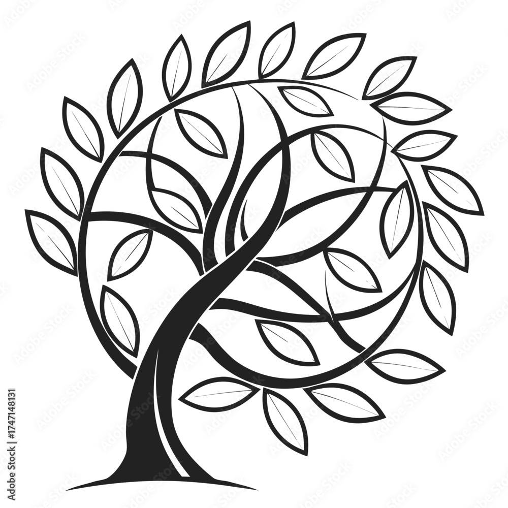Obraz premium Black abstract tree with swirling branches and leaves
