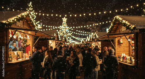 Busy Christmas Market Night with Snowfall