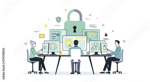 Illustration of team of it professionals working on cybersecurity and data protection with lock symbol