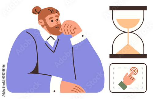 Thoughtful man resting on hand while watching an hourglass finger pressing digital button. Ideal for time management, decision-making, patience, deadlines, urgency, productivity, simple flat metaphor