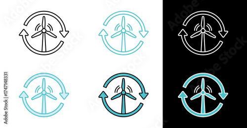 Wind turbine with rotation arrows icon for clean energy cycle in line and fill style