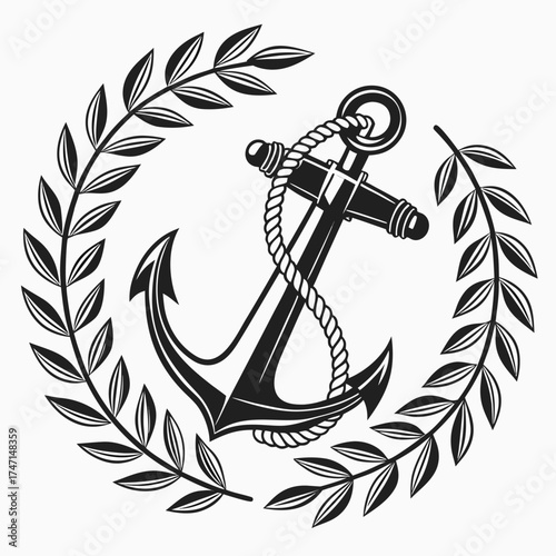 Black anchor in laurel wreath on white background nautical