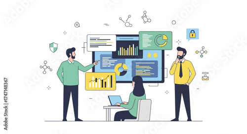 Illustration of team of professionals analyzing data and business charts on large screen in office setting