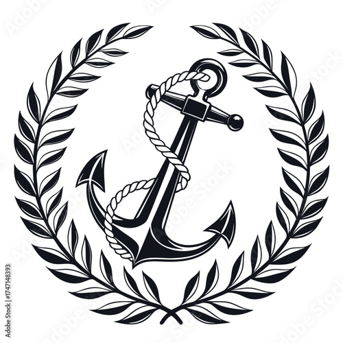 Black anchor with rope in laurel wreath nautical maritime