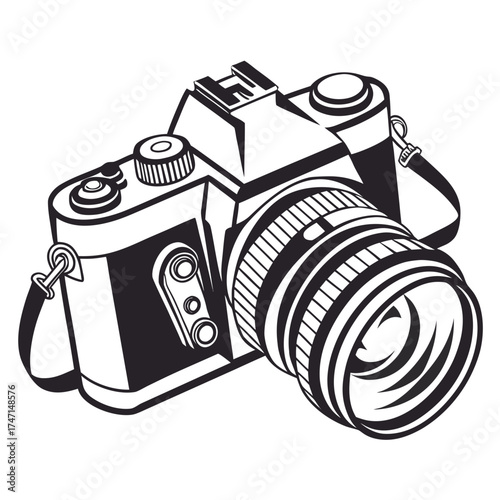 Black and white graphic of a camera with lens photography