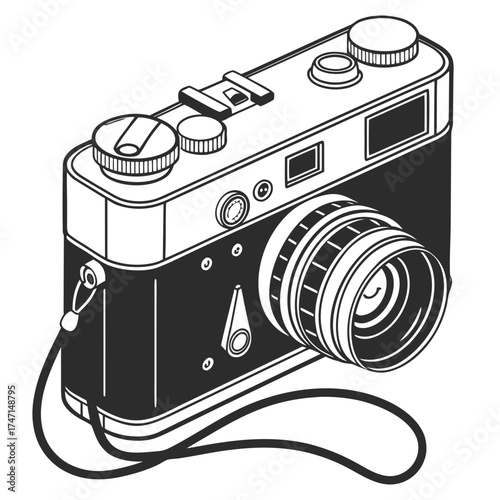 Black and white retro film camera on white vintage