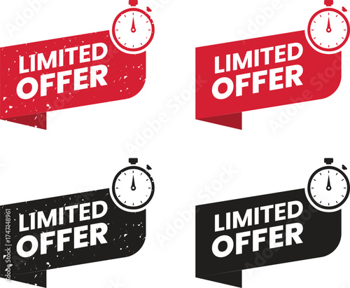 Limited Offer Banner Set – Red and Black Grunge Timer Sale Label Vector Illustration