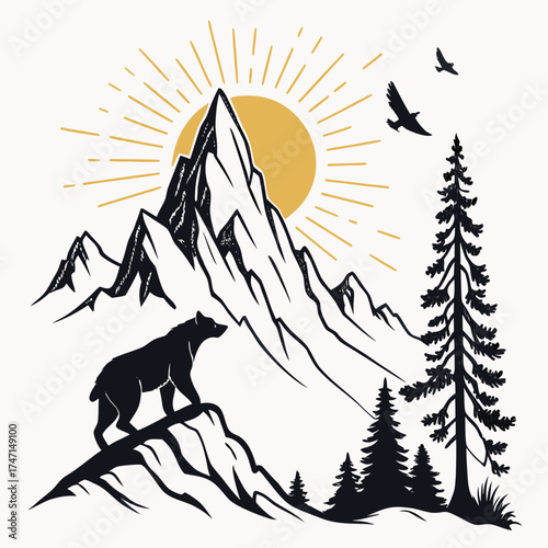Black bear on rocky outcrop with mountain range and sunburst