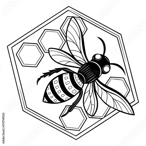 Black bee graphic inside hexagon honeycomb pattern white background