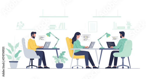 Illustration of modern office workspace with three professionals using laptops at shared desk