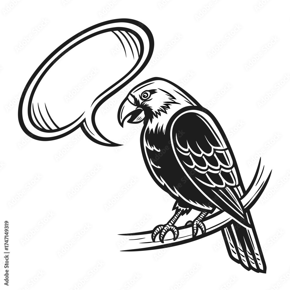 Fototapeta premium Black bird with speech bubble on white background talking