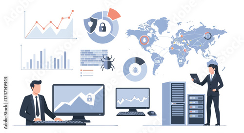Illustration of business analytics and data visualization with global network and professional team