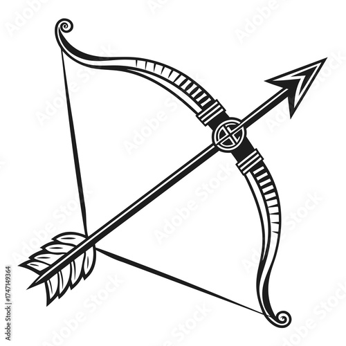 Black bow and arrow graphic with Celtic knot design